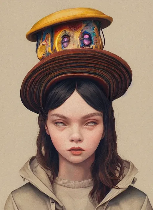 Image similar to brown eyes girl with abstract hat :: by Martine Johanna and Simon Stålenhag and Chie Yoshii and Casey Weldon and Guillermo del toro :: ornate, dynamic, particulate, rich colors, intricate, elegant, highly detailed, centered, artstation, smooth, sharp focus, octane render, 3d