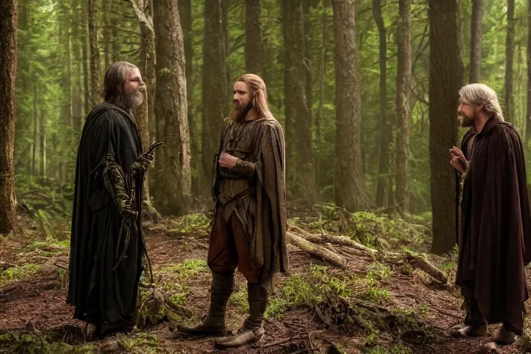 Image similar to still from a fantasy movie, a warlock discussing with another man, forest in the background, muted colors, 8 k, cinematic, very detailed face, hyperrealistic, movie still frame, promotional image, imax 7 0 mm footage