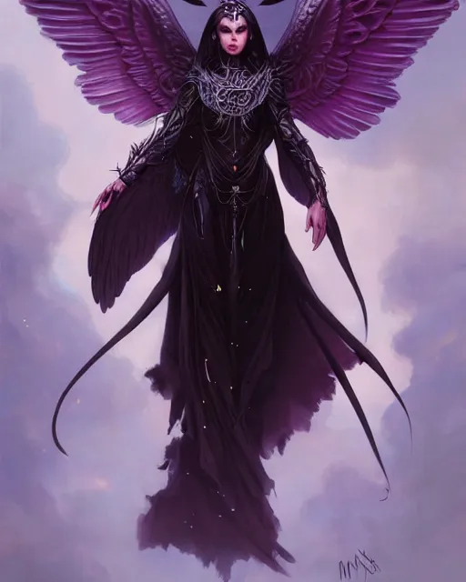 Prompt: character portrait of a modest robed dark raven angel of magic with iridescent black raven wings, by Peter Mohrbacher, Mark Brooks, Jim Burns, Marina Abramović, Wadim Kashin, Greg Rutkowski, trending on Artstation