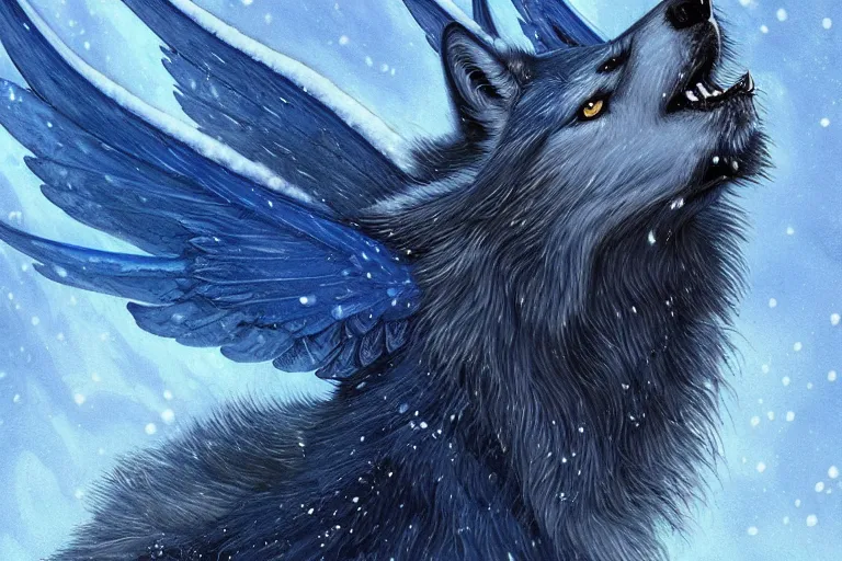 Image similar to blue wolf with wings, facing front, regal, elegant, winter, snow, beautiful, stunning, hd, illustration, epic, d & d, fantasy, intricate, elegant, highly detailed, digital painting, artstation, concept art, smooth, sharp focus, illustration, wallpaper, art by artgerm and greg rutkowski and alphonse mucha and jin xiaodi