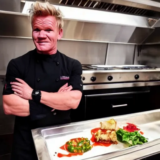 Image similar to Gordon Ramsay teaching Thanos how to cook