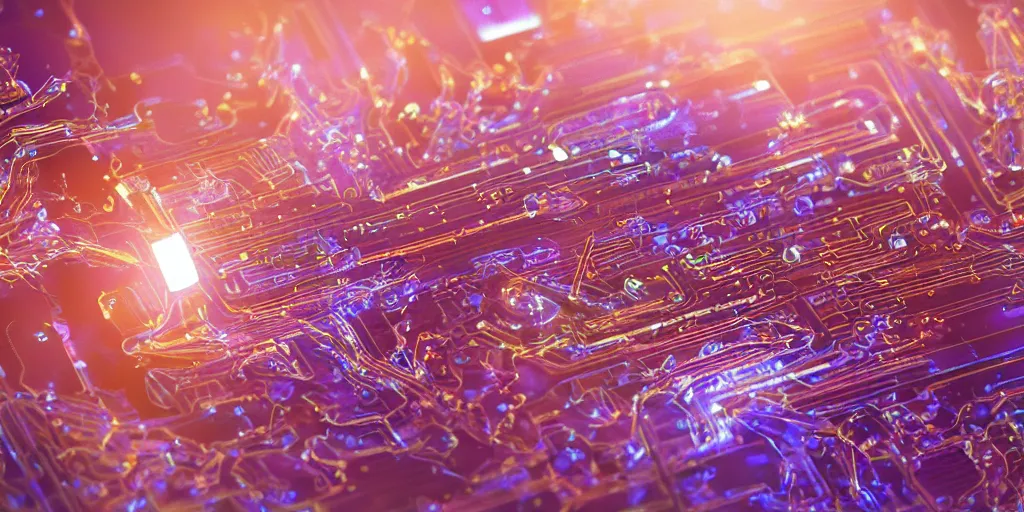 Image similar to a complex mysterious sci - fi machine, made from transistors, led, wire, macro photography, translucent pastel panels, smooth stylized shapes, embedded in clear epoxy, macro, overlapping layers, hyper - realistic vfx render