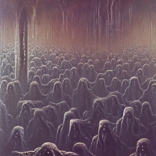 Prompt: crowd of cultists in the ancient temple of cthulhu, oil painting by beksinski and william, lake and rutkovski