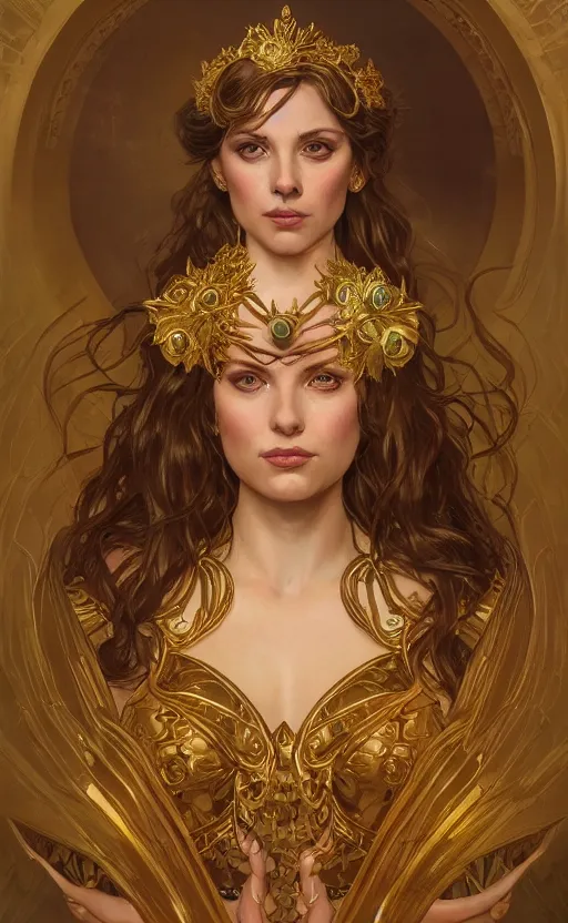 Image similar to portrait of circe, greek mythology, goddess, golden crown and outfit, intricate, headshot, highly detailed, digital painting, artstation, concept art, sharp focus, cinematic lighting, illustration, art by artgerm and greg rutkowski, alphonse mucha, cgsociety