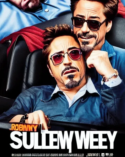 Prompt: comedy movie poster for slumped asleep robert downey jr. starring in weekend at bernie's. movie poster. comedic. cinematic lighting. robert downey jr. with dark sunglasses slumped asleep in a wheelchair.