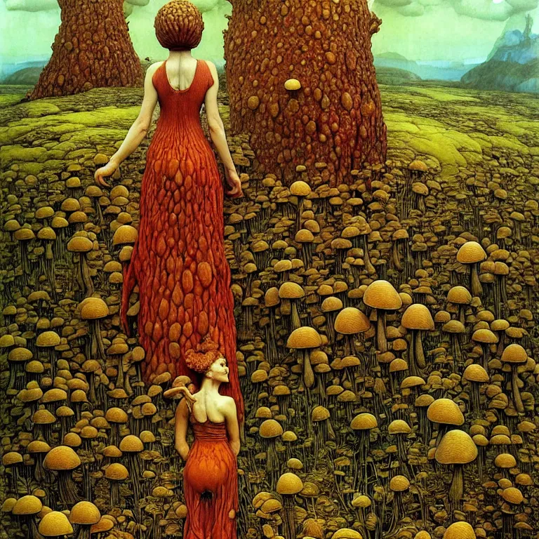 Prompt: A funguswoman stands among the mushroom hills. Wearing a fungus and mushroom. Perfect faces, extremely high details, detailed, realistic, fantasy art, solo, masterpiece, art by Zdzisław Beksiński, Arthur Rackham, Dariusz Zawadzki, Edward Robert Hughes, Eugene de Blaas, Frederic Leighton