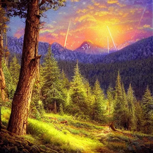 Image similar to incredible scenery mountainscape picturesque forest woods at night countryside beautiful stars stars in the sky by james gurney artstation hyperrealism photo - realistic lifelike photography photorealistic