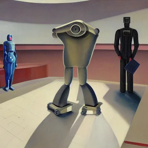 Image similar to human workers being reprogrammed at a mind control center, robot guards, human subjugation, arena, rotunda, brutalist, grant wood, pj crook, edward hopper, oil on canvas