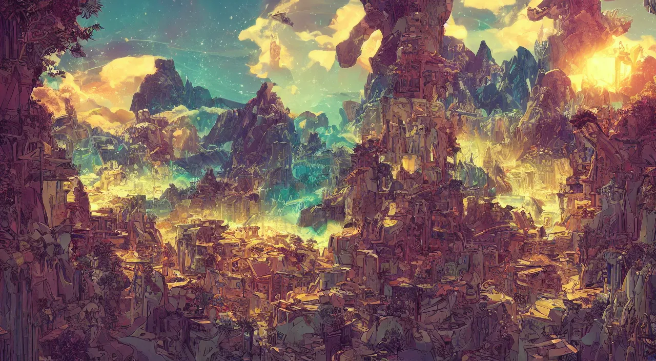 Image similar to vector wonderland bazaar zouk old egypt sky shine epic fantasy painting photoshop that looks like it is from borderlands and by feng zhu and loish and laurie greasley, victo ngai, andreas rocha, john harris