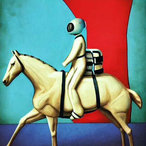 Image similar to the horse sat on the astronaut's head, on his back, style surrealism