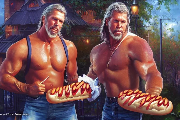 Prompt: portrait of wwf shawn michaels and wcw kevin nash sharing hotdogs, an oil painting by ross tran and thomas kincade