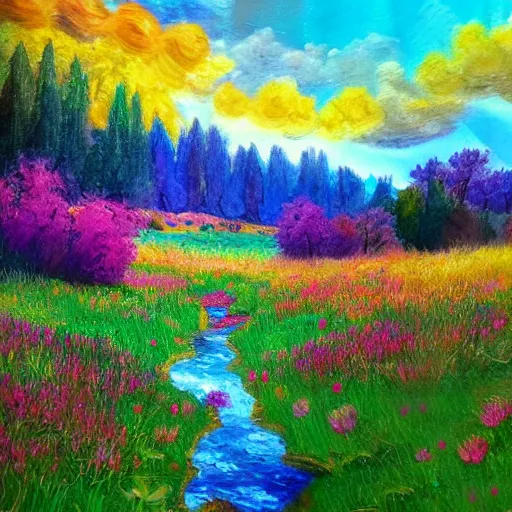 Prompt: an impressionist painting of a gorgeous meadow filled with colorful mushrooms with a stream flowing through it, psychedelic colors, colorful sky in background, high detail, trending on artstation