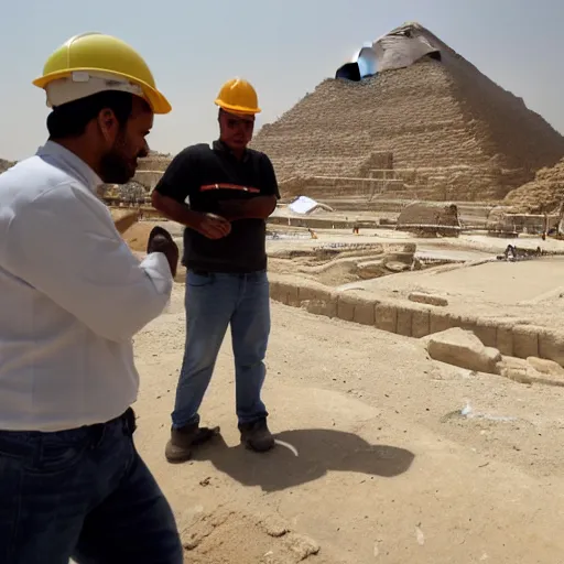Prompt: a rare candid photograph of an egyptian engineer and a construction worker talking at the early construction of the khufu pyramid, dslr high resolution