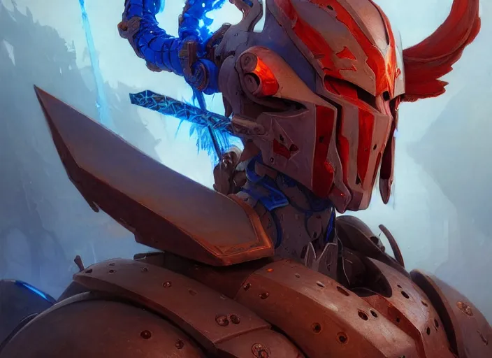 Image similar to character design digital 2 d man viking cape evangelion cyborg blue armor sword of fire by gaston bussiere, anna nikonova aka newmilky, greg rutkowski, yoji shinkawa, yoshitaka amano, tsutomu nihei, muira, moebius, donato giancola, trending on artstation, featured on pixiv