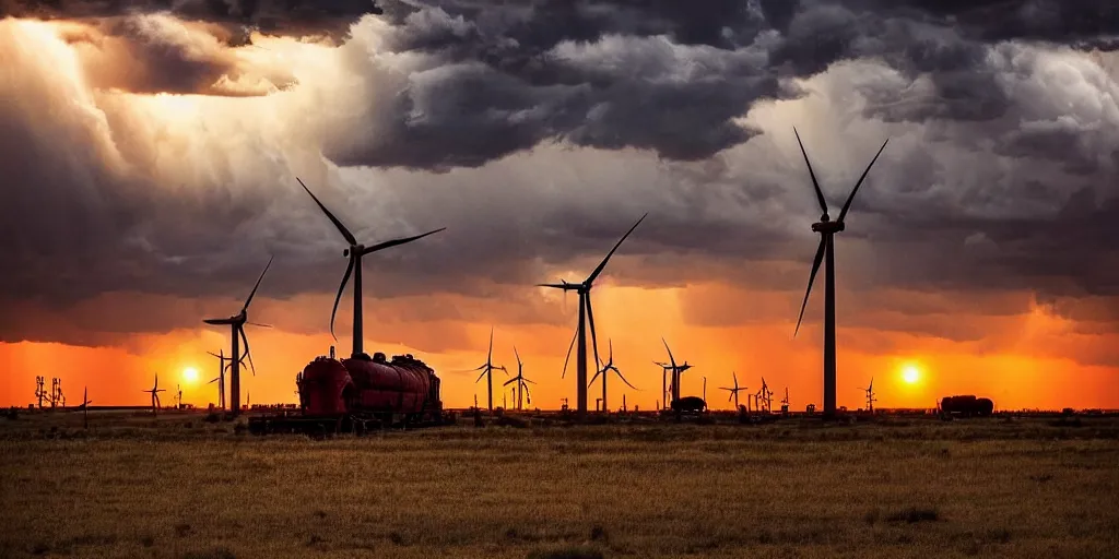 Image similar to photo of a stormy west texas sunset, perfect rustic pumpjack!, wind turbine!, abandoned train!!, horses!!, cows!!, high resolution lightning, golden hour, high detail, beautiful!!!