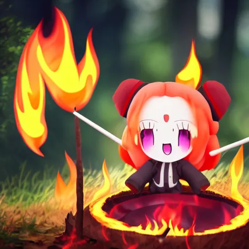 Prompt: cute fumo plush manic happy pyromaniac girl giddily starting a huge bonfire in the forest, stylized pbr anime shader, burning flames, warm glow and volumetric smoke vortices, filmic, rule of thirds composition, vignette, vray