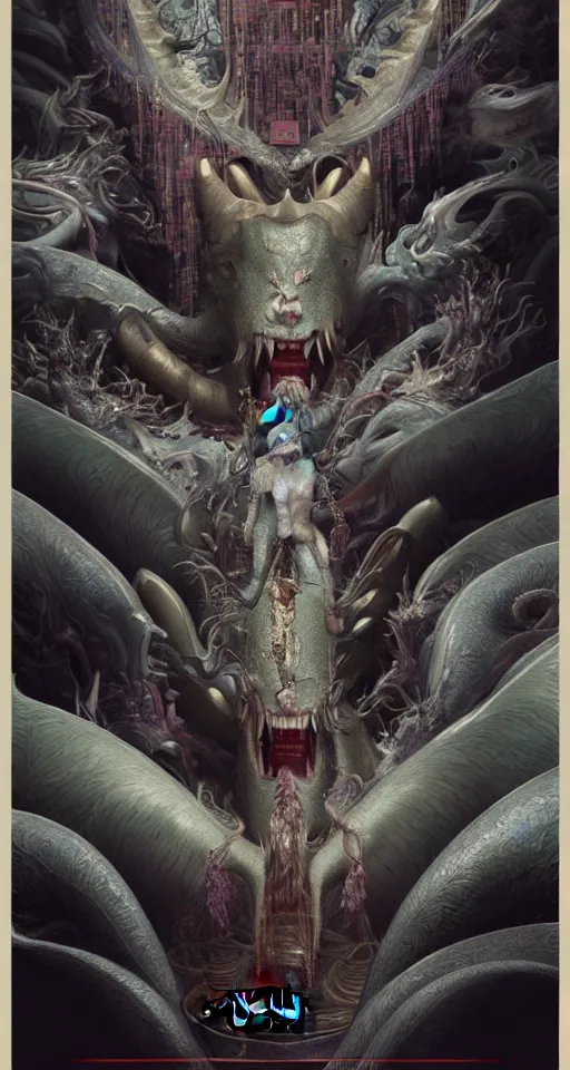 Image similar to exquisite imaginative creature beast from chinese mythology, sharp, ghost in the shell, slender and densely arranged teeth, poster art, movie art, elegant, by lucusfilm, weta studio and james jean, 8 k, denoised