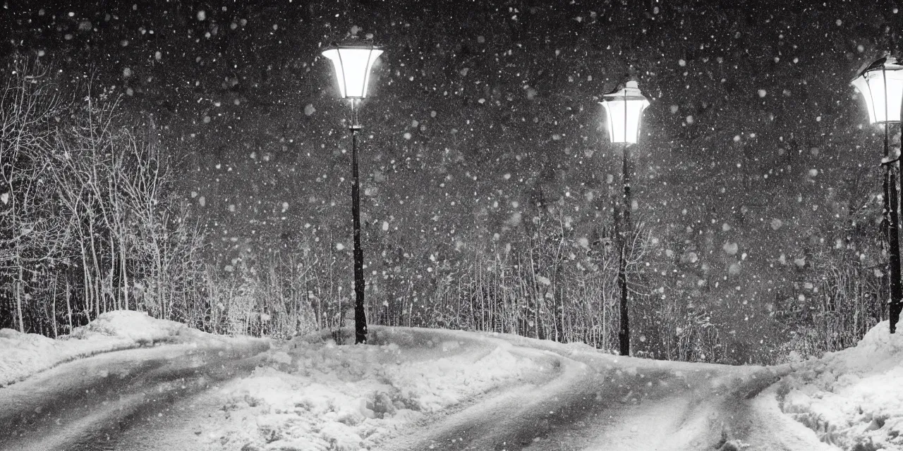 Prompt: laurentian appalachian mountains during winter, original and creative black ink landscape artwork, snowy night, streetlamps, interesting textures