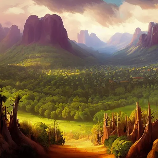 Prompt: panorama of a valley filled with a forest and a village, medieval, fantasy, oil painting, by rhads