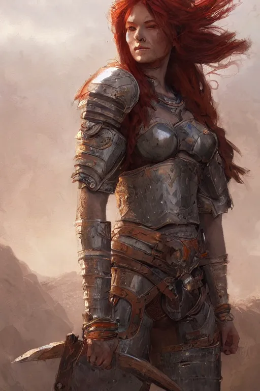 Prompt: a rustic woman wearing a armor, detailed face, redhead, full body, by greg rutkowski, mandy jurgens