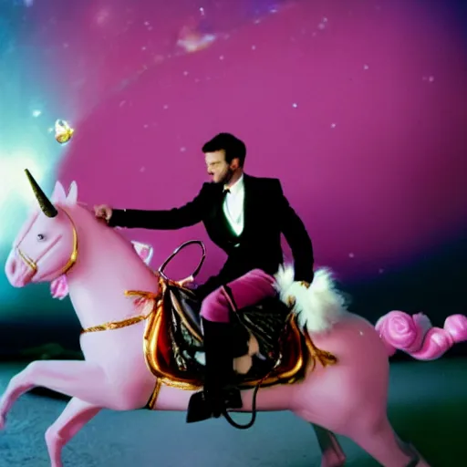 Image similar to justin timberlake riding a pink unicorn in space, cinestill 8 0 0 t, award winning photograph, taken in 1 9 9 9