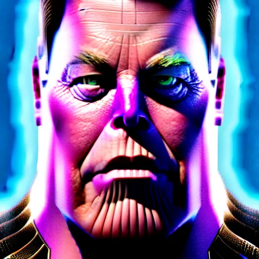 Image similar to a portrait of elon musk as thanos, the pixar adaptation, with same hairstyle, full body shot, hyper detailed, digital art, trending in artstation, cinematic lighting, studio quality, smooth render, unreal engine 5 rendered, octane rendered