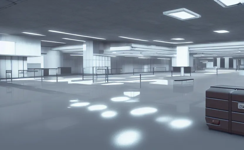 Image similar to screenshot of game on unreal engine 5, a large white empty breakroom with a security checkpoint, photorealistic, retrofuturism, brutalism, minimalist, soft vintage glow