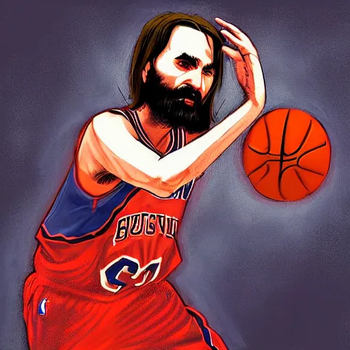 Image similar to nba 2 k video game cover art depicting charles manson shooting free throws, digital painting, digital art