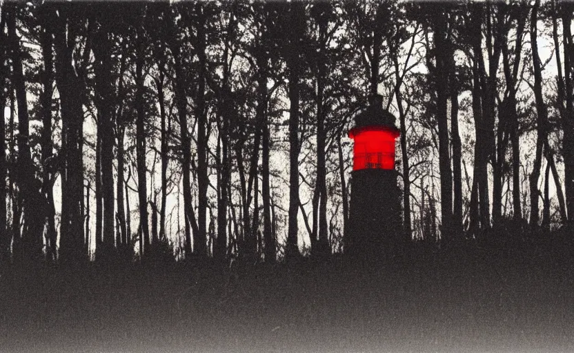 Image similar to lighthouse that shines red beam, field, night, unsettling, burning trees, photo 1998