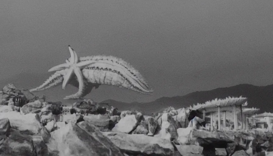 Image similar to a film still of a north korean monster movie, kaiju - eiga monster starfish - like over traditional korean palace, film noir, video compression, ripple effect