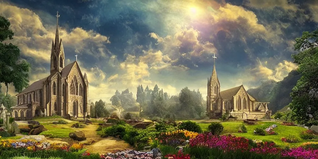 Prompt: a photo of a dream world. it is a beautiful landscape. the detail is amazing. simply stunning. jesus, church, perfect faces