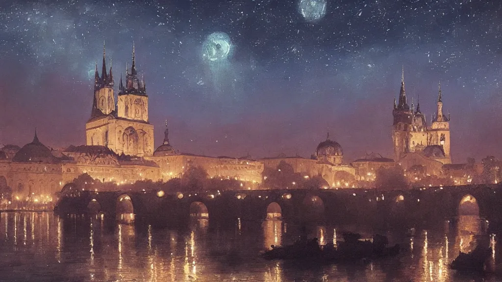 Prompt: a beautiful painting of a view from the river of a arabian prague cathedral palaces, at night with a sky full of stars, intricate, elegant, highly detailed, digital painting, artstation, concept art, by krenz cushart and artem demura and john williams waterhouse