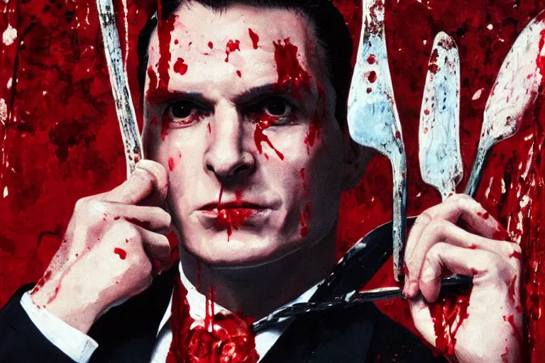 Prompt: Bald Patrick Bateman from American Psycho (2000) swinging an axe in with his hands while wearing a poncho with blood on it, hyperrealism painting, high quality