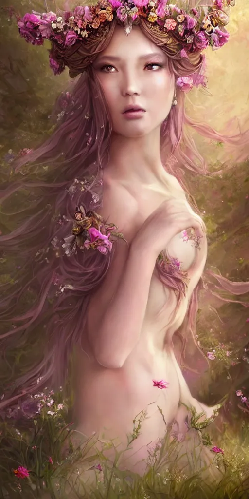 Image similar to A beautiful fantasy empress, full body, just one head, flower tiara, long hair, wearing dramatic aristocrat robe, delicate figure, field of fantasy flowers, foxes and deer, epic composition, ultra wide-shot, dynamic pose, concept art, dramatic lighting, digital painting, smooth, character design, sharp focus, elegant, intricate, trending on artstation, by WLOP and James Jean and Victo Ngai