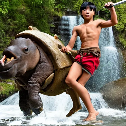 Image similar to a skinny tan 1 0 year old half - asian boy with dark anime hair riding a hippo wearing armor down a waterfall with a large sword in one hand and a shield in the other hand, photorealistic, skinny face, strong muscle tone