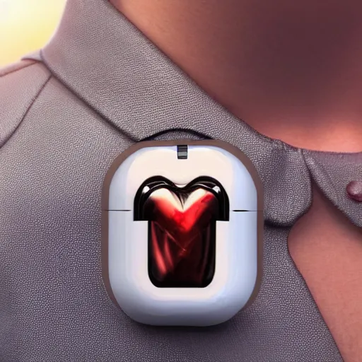 Prompt: sci-fi mechanical human heart of a 14yo boy that looks like an airpod, clockwork mechanical, sci-fi jewellery, hyper realistic, human anatomy, robot,