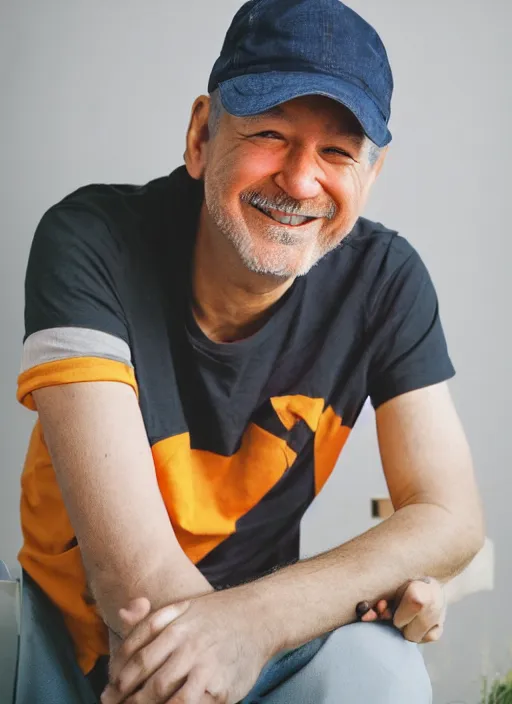 Prompt: a color photograph of an architect with short white hair, wearing an orange T shirt, a brown baseball cap with a bee on it, a lopsided wry smile on his face