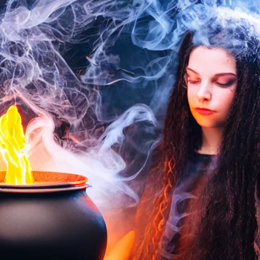 Prompt: teen witch mixing a spell in a cauldron, wispy smoke, studio lighting