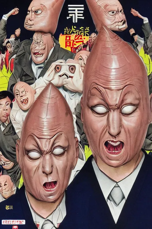 Image similar to coneheads, japanese vhs cover art, detailed facial expressions