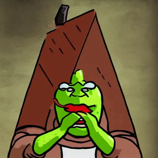 Prompt: Pyramid head shrek trying to eat a sandwich