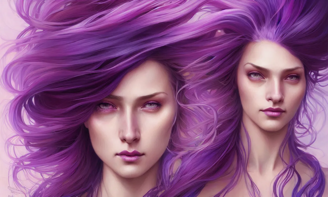 Image similar to Portrait of a woman with bright colored flying hair, all shades of purple. Hair coloring, amber eyes, face, long hair, fantasy, intricate, elegant, highly detailed, digital painting, artstation, concept art, smooth, sharp focus, illustration, art by artgerm and greg rutkowski and alphonse mucha