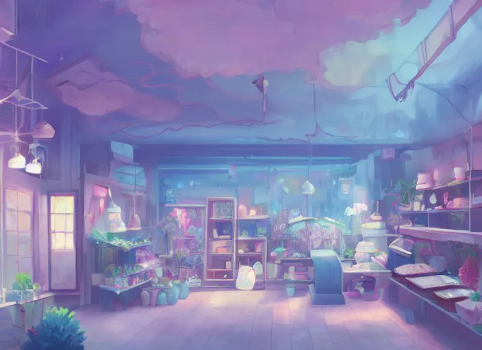 Prompt: placid pastel morning cozy moody cluttered painterly fluffy tiny cramped pet store, lots of aquariums, slanted ceiling, tiny space, particulate, trending on pixiv