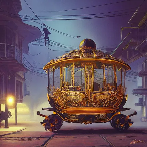 Prompt: painting of syd mead artlilery scifi parametric victorian carriage with ornate metal work lands on a sidewalk, filigree ornaments, volumetric lights, simon stalenhag