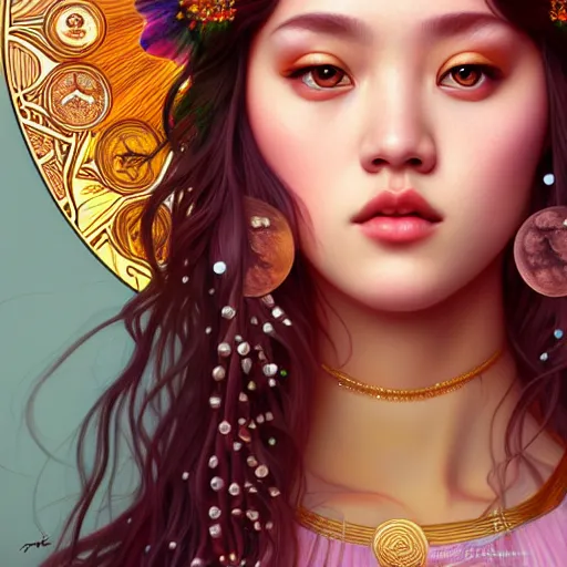 Image similar to portrait of jossi of blackpink, goddess of the moon, highly detailed, digital painting, smooth, sharp focus, illustration, ultra realistic, 8 k, art by artgerm and alphonse mucha