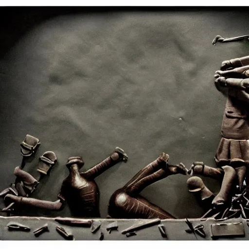 Image similar to world war ii, surrealistic detailed claymation art, dark, moody, foggy