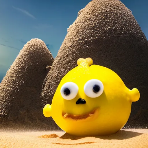 Image similar to 5 0 mm photograph, of a real anthropomorphic lemon character, with lemon skin texture, it is wearing a hat and scuba diving, building a sandcastle on the beach at sunset, beach, huge waves, sun, clouds, tropical trees, rim light, cinematic photography, professional, sand, sandcastle, volumetric lightening