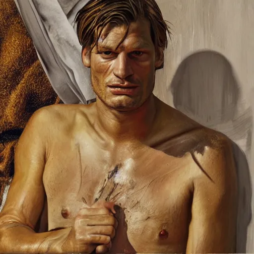 Image similar to high quality high detail painting by lucian freud, hd, jaime lannister