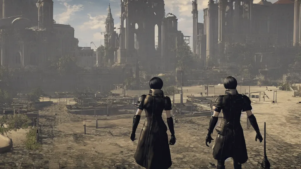 Prompt: Screenshot from Nier Automata in Marseille. In the background there is the basilica Our Lady of the Guard