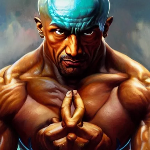 Prompt: the rock as dhalsim from street fighter, skinny, 4 k, ultra realistic, detailed focused art by artgerm and greg rutkowski and alphonse mucha