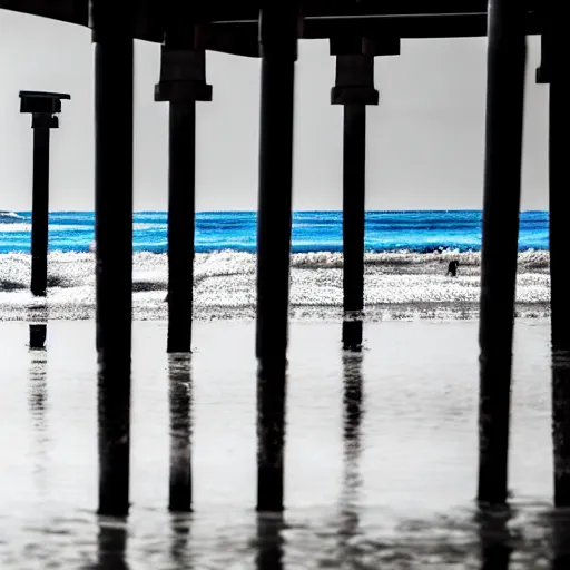 Prompt: a blurry photograph of a humanoid silhouette walking on the beach, taken from under a pier, pillars in the foreground, real, realistic, 4 k, photography